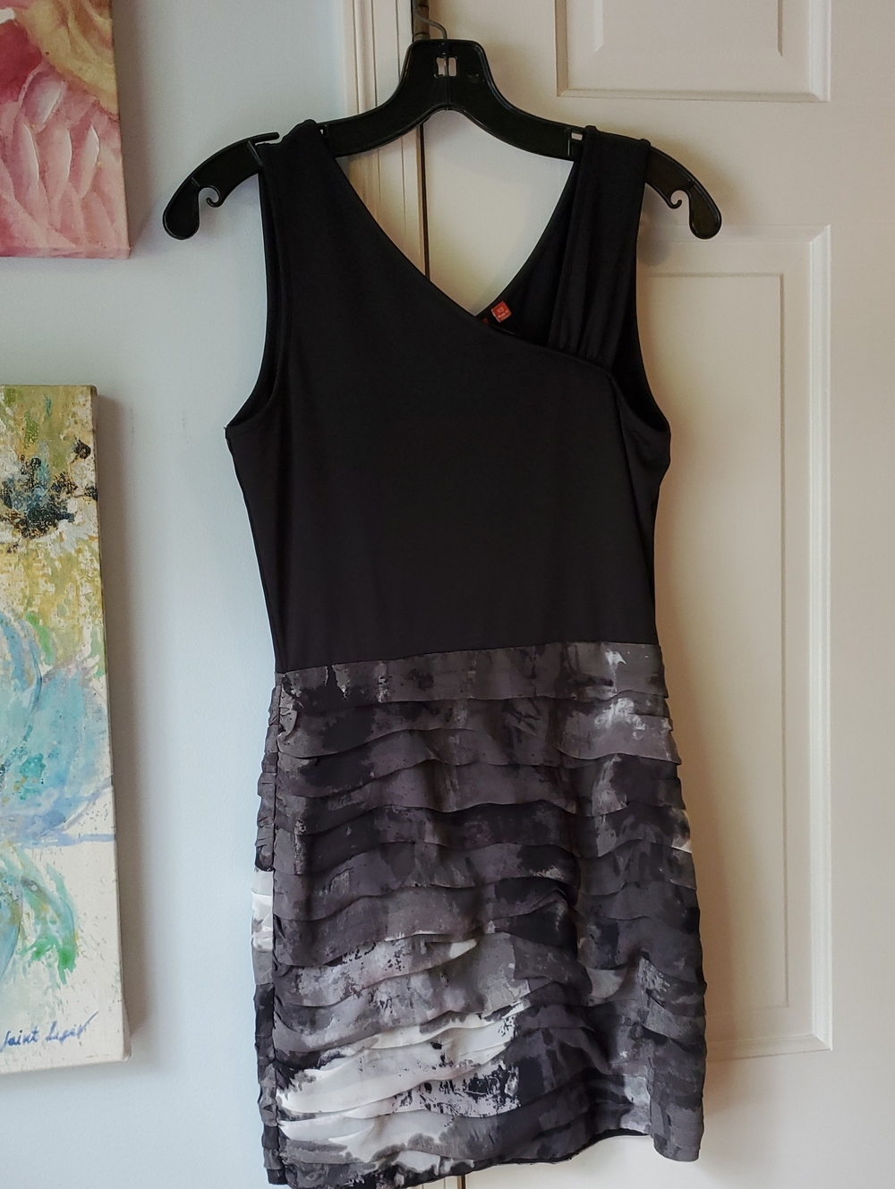 5/48 Black One-Shoulder Ruffle Dress with Gray Print Skirt